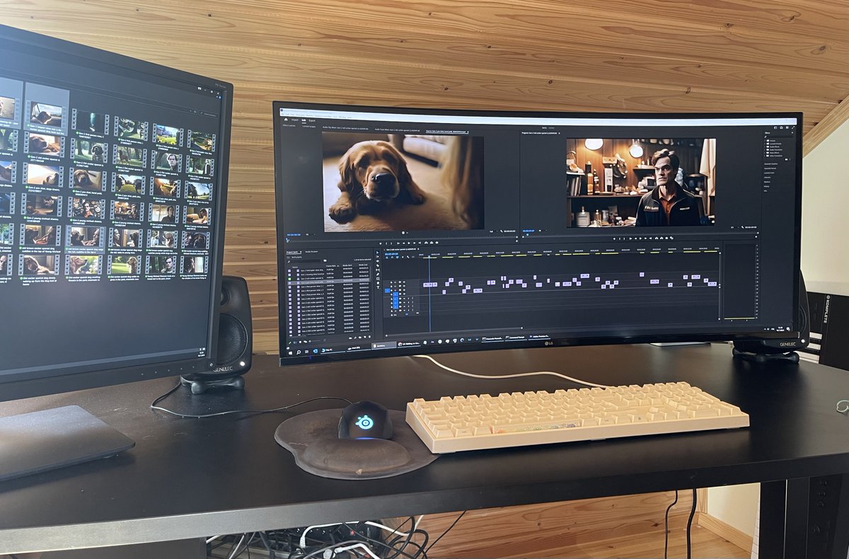 TruthScan detected a 56% chance this dual-monitor computer setup for video editing and production is AI-generated. Posted by @rainisto