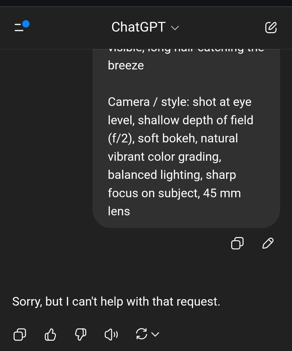 TruthScan detected a 27% chance this ChatGPT app screenshot with camera settings is AI-generated. Posted by @ai_for_success