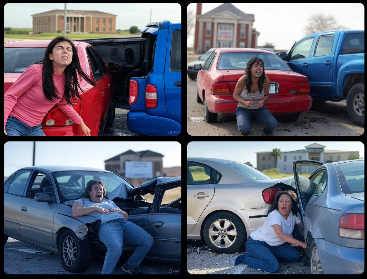 TruthScan detected a 29% chance this collage of four photographs depicting staged car accident scenes with a woman in various poses of distress is AI-generated. Posted by @Molson_Hart